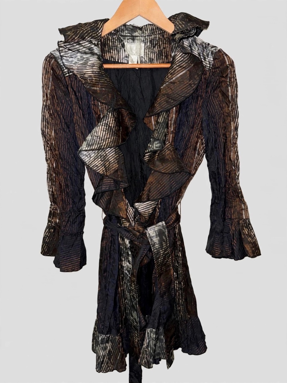 Vintage 90's Alberto Makali Black Brown Metallic Floral Ruffle Belted Jacket M